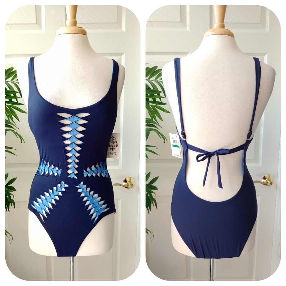 Becca Origami Cutout One Piece Sexy Boho Two Tone Backless Swimsuit Blue L